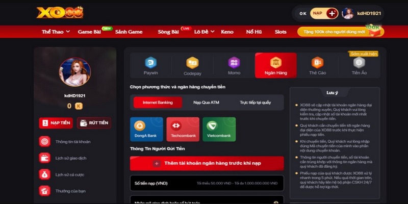 Hướng dẫn nạp tiền XO88 2 Hướng dẫn nạp tiền XO88 bằng hình thức chuyển khoản ngân hàng trực tuyến